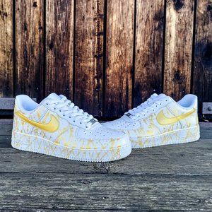 Nike Air Force 1 Custom "Shiny Gold" 👑 Flakes Splatter White Shoes Mens Womens